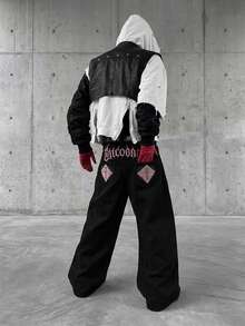 ROMWE MEN Street Life 男士休闲日常通勤时尚街头刺绣图案宽松破洞牛仔裤 - 黑色 - 查看 10