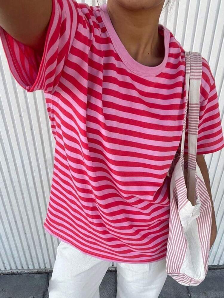 Women's Loose Fit Round Neck Striped Patchwork Contrast Color T-Shirt