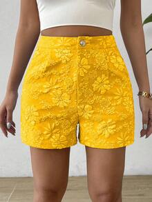 Elenzga Pleated Vintage Summer Casual Versatile Random Print Shorts - Yellow - View 7
