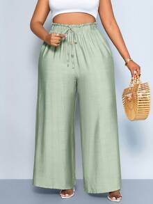 SOLERSUN Plus Size Solid Color Twist Pleated High Waist Fashionable Wide Leg Pants Gym Brown Autumn - Green - View 6