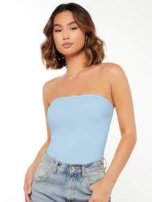 SHEIN BASICS 女士简约纯色紧身抹胸上衣，夏季 - 藍色 - 查看 4
