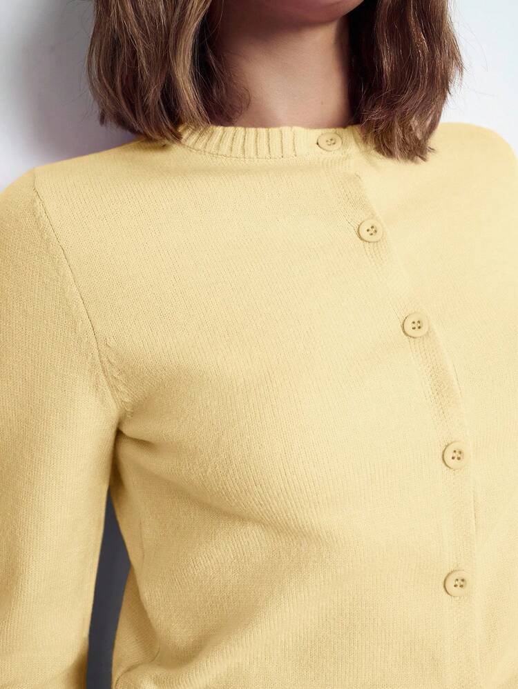 SHEIN Maija Women's Elegant Solid Color Crew Neck Button Long Sleeve Casual Sweater Top, Versatile And Practical, Suitable For Daily Wear, Business Casual Occasions, Knitted Cardigan