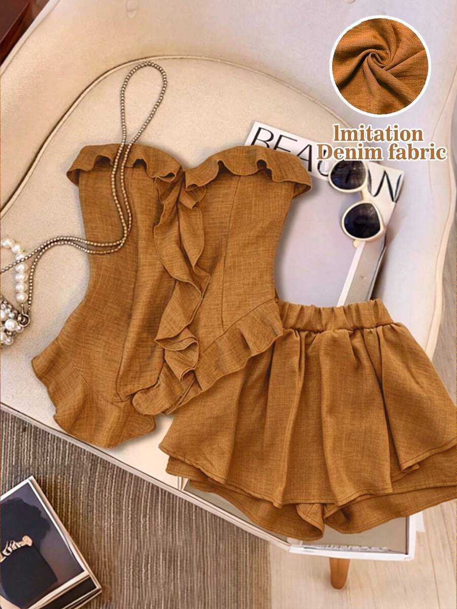 Qadelle Conjunto de 2 piezas de top elegante con volantes asimétricos en el bajo y pantalones para mujer - Amarillo - Ver 1