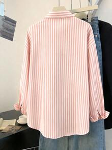 Franclia Camicia casual a maniche lunghe con spalle scoperte e monopetto a righe per donna - Rosa Baby - Visualizzare 2