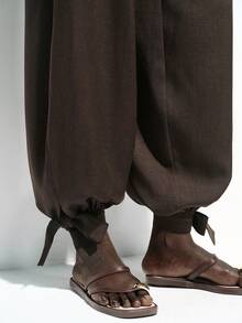Lumivelle Tuta aderente da donna di colore unito con spalline larghe, laccio in vita, schiena aperta, tasche reali, aperture a zampa di elefante, fiocco, gamba a lanterna, pantaloni casual ed eleganti per primavera, estate, autunno - Castano - Visualizzare 5