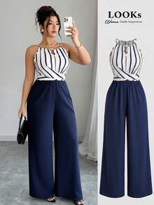 SHEIN LUNE 大码女式优雅系带裹身条纹撞色宽松直筒连体裤，春夏款 - 彩色 - 查看 1