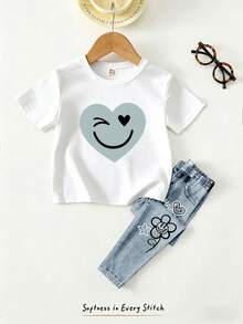 Denim-Look Cartoon Face & Handpainted Graphic Loose T-Shirt And Leggings Set,Soft Comfortable Summer Back-To-School Fashion Outfit For Girls,School - Multicolor - View 4