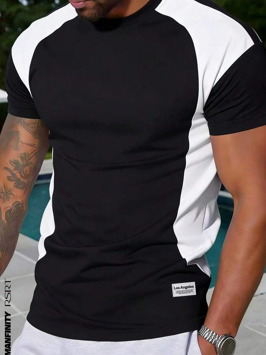 Manfinity Homme Áo thun nam cổ tròn tay raglan phối màu đen trắng tối giản, phong cách Los Angeles. - Nhiều màu - Xem 1