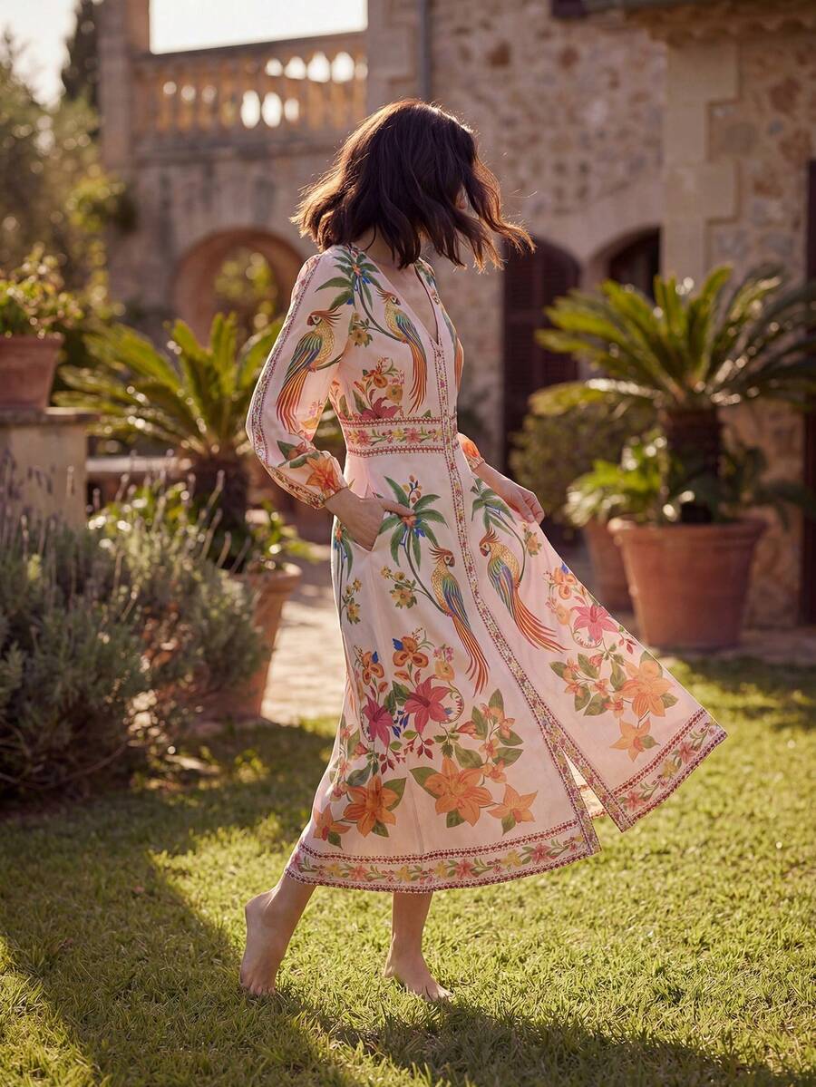 女士优雅棕榈树和鸟类印花长袖度假连衣裙 - 粉色 - 查看 1