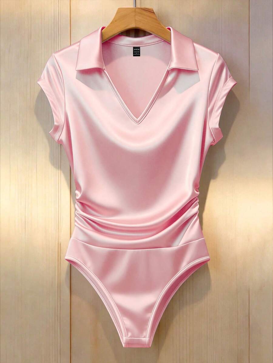 Franclia 女士夏季时尚褶皱奢华收腰Polo领连体衣 - 粉色 - 查看 1
