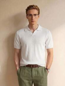 Manfinity CityGents Old Money 男士夏季度假純白色針織短袖 Polo 衫，休閒海灘度假夏威夷熱帶復古復古針織上衣 - 白色 - 查看 5