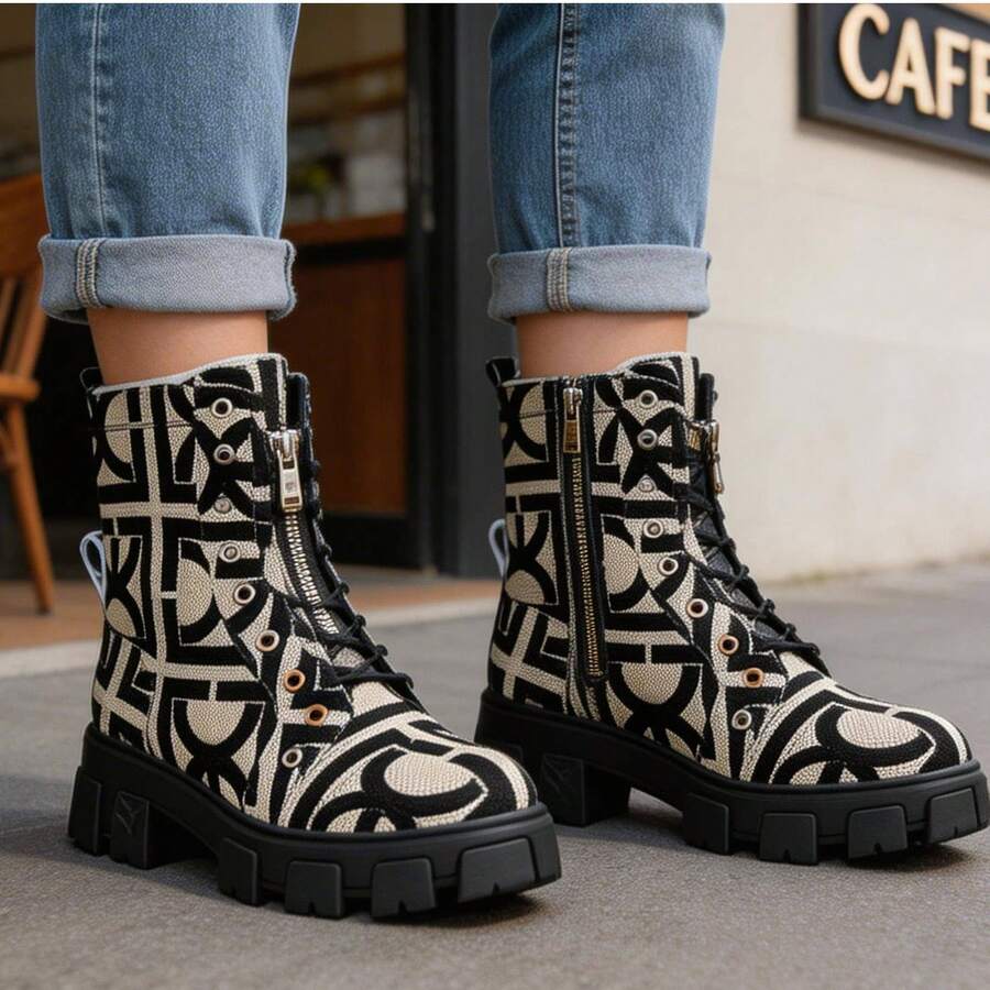 Botines beige con detalles de letras en terciopelo - Multicolor - Ver 1