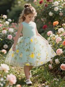 SHEIN Glamorique Kids Đầm công chúa cho bé gái, đầm dự tiệc sinh nhật, đầm cưới, đầm dạ hội, chất liệu satin, không tay, màu xanh lá cây nhạt, chân váy lưới hoa nhiều lớp, kiểu dáng Trung Đông & Châu Âu, nơ sau lưng. - màu xanh lá - Xem 3