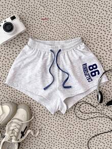 Tween Girls Loose Casual Comfortable Mid-Waist Patchwork Contrast Color Letter Print Shorts - Grey - View 1