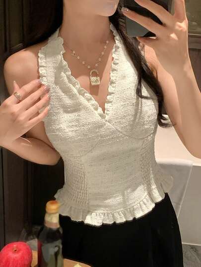 DAZY Áo vest nữ mùa hè thanh lịch, màu trơn, ôm eo, cổ yếm, hở lưng, viền bèo nhún.