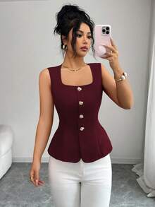 Rafferiza Áo camisole nữ màu đỏ tía, thời trang, thanh lịch, đa năng, thắt eo, cài sau, cổ vuông, khóa kim loại trang trí, thích hợp cho mùa xuân/hè. - Màu Đỏ Sâu - Xem 6