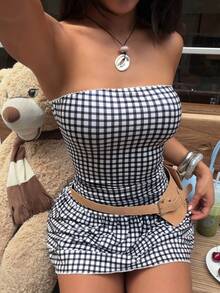 FavEase Casual Plaid Bandeau Waist Mini Dress For Women, Spring/Summer - Black and White - View 5