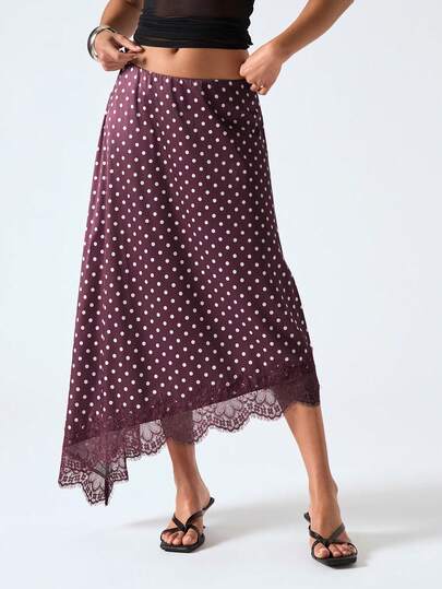 LYSMO 2026 New Arrive Minimalism Spring/Summe Women's Vintage Elegant Polka Dot & Contrast Lace Asymmetrical Hem Skirt, Suitable For Spring, Summer And Autumn/Summer Outfit For Women / Festival Outfits For Women /Festival / Mother's Day /Mothers Day Outfit /Party /Beach/ Beach Outfit For Women/Beach /Beach Outfit For Women/Beach Outfits/Graduation /Vacation Outfits Women/Holiday Outfits For Women/Holiday /Vacation/Holiday Outfits/Summer Holiday Outfits/Vacation Outfits For Women/Y2k/Country Concert Outfit /Country/Country Style For Women /Women's Country Clothing /Work Outfits For Women /Office Outfits For Women/Polka Dot Skirt /Dot/Boho