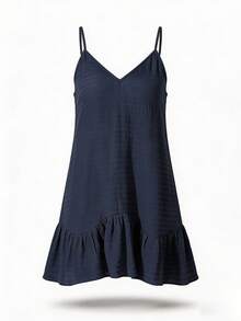 Swim Vcay Quần áo mùa hè Váy đi biển thường ngày mùa hè cho nữ, vải họa tiết màu trơn, dây đeo có thể điều chỉnh, viền bèo nhún - Màu xanh hải quân - Xem 4