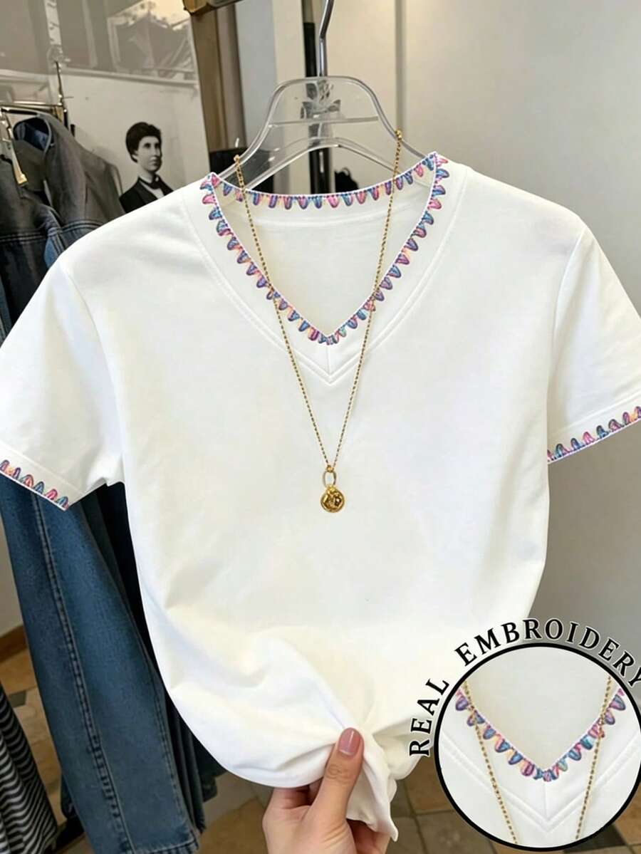 Resyla Kaos Wanita Kasual Lengan Pendek Leher V Bordir, Musim Panas - Putih - View 1