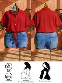 SHEIN CURVE+ Plus Size Women's New Spring Summer Vacation Casual Texture Fabric Red Short Sleeved Shirt - Red - View 2