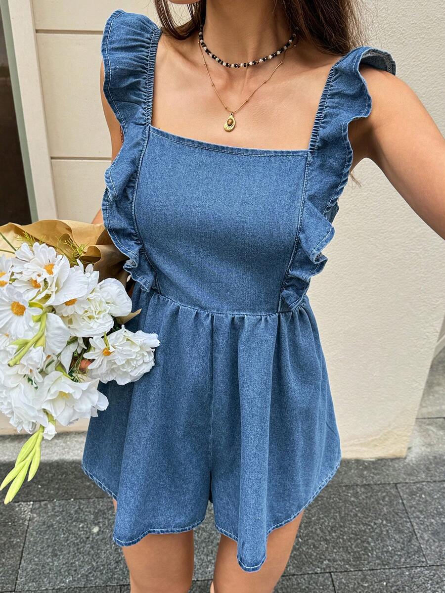 Damjumpsuit med fyrkantig halsringning och volangkant, avslappnad denim - Blå - Visa 1
