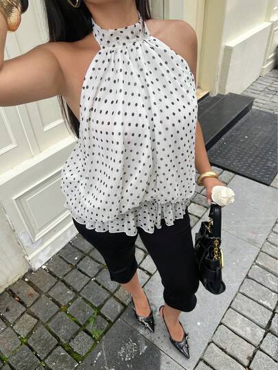 Sunnyshic Áo kiểu cổ yếm không tay chấm bi bằng vải chiffon, gợi cảm.