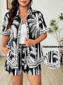 Weeklong Plus Size Women Coconut Tree Print Single-Breasted Short Sleeve Top And Shorts Casual Daily Suit Gym Brown Summer - Black - View 1