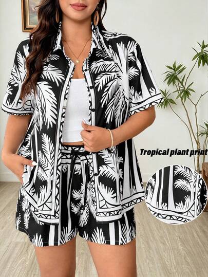Weeklong Plus Size Women Coconut Tree Print Single-Breasted Short Sleeve Top And Shorts Casual Daily Suit