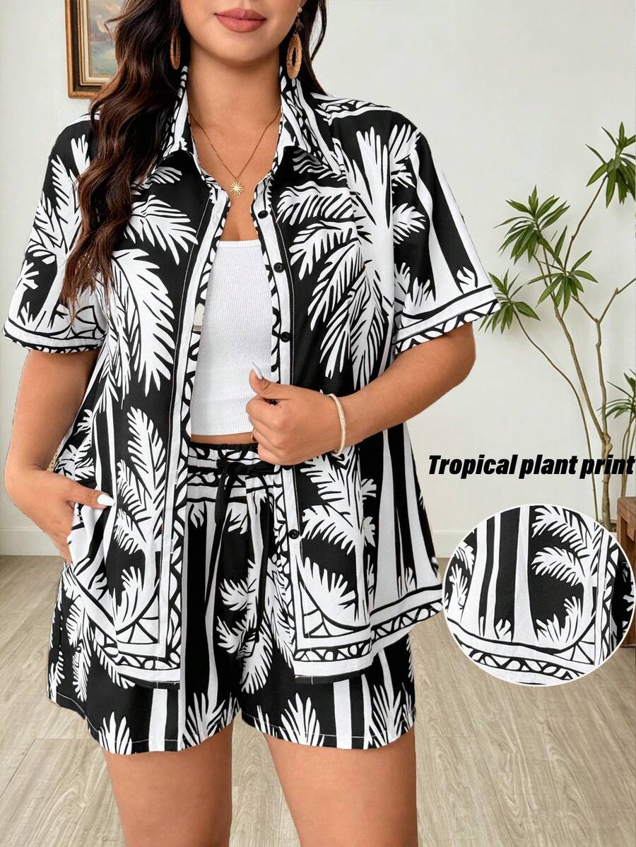 Weeklong Plus Size Women Coconut Tree Print Single-Breasted Short Sleeve Top And Shorts Casual Daily Suit Gym Brown Summer - Black - View 1