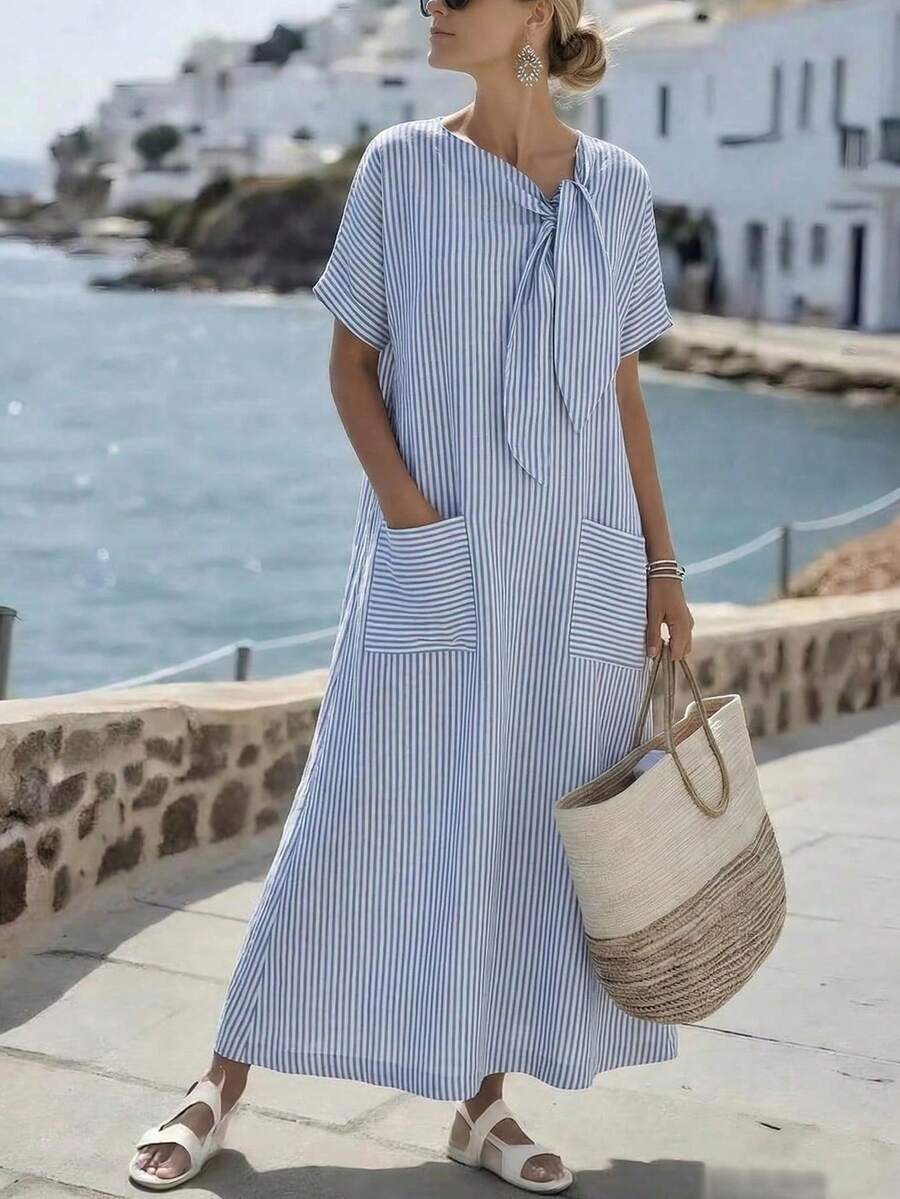 Louniche Loose Striped Mid-Sleeve Dress With Pockets, Summer - Blue and White - View 1