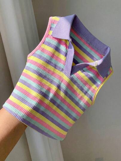 LMoss Kids Young Girl Striped Knit Collared Casual Vest