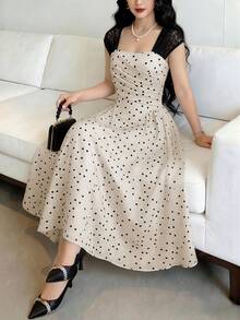 Modelyn 女士杏色提花拼接黑色无袖蕾丝荷叶边腰身A字优雅浪漫连衣裙，春夏款 - 杏色 - 查看 8