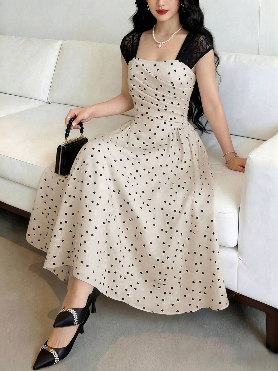 Modelyn Women's Apricot Woven Jacquard Splice Black Sleeveless Lace Ruffle Waist A-Line Elegant Romantic Dress, Spring/Summer - Apricot - View 1