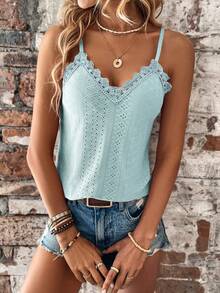 EMERY ROSE 女士度假撞色蕾丝休闲吊带衫 - 藍色 - 查看 5