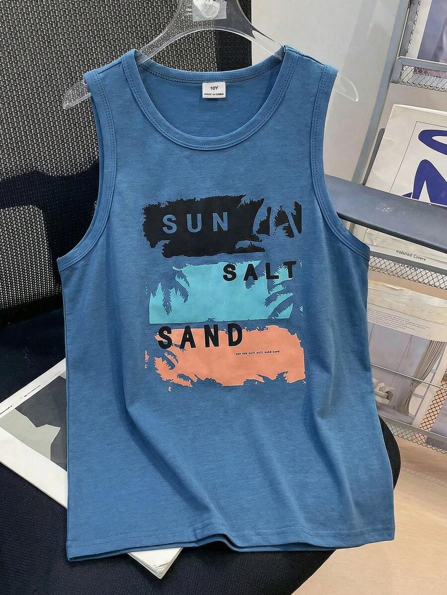 SHEIN Top de punto holgada sin mangas con estampado de palmeras, estilo informal de vacaciones para niño preadolescente, adecuada para la playa, deportes, vacaciones, escuela - Azul - Ver 1