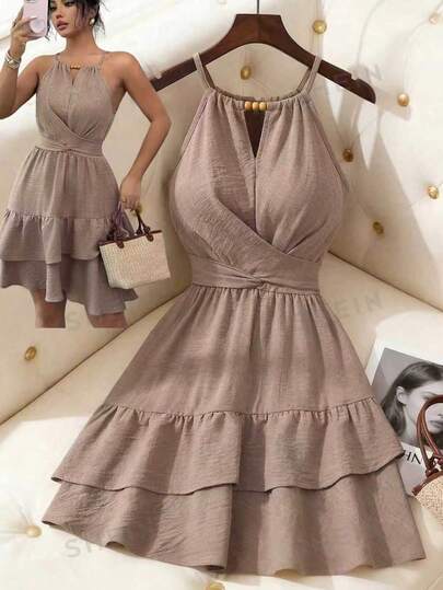 Elenzga Elegant Beaded Halter Tie Shoulder Ruffle Hem Plus Size Dress