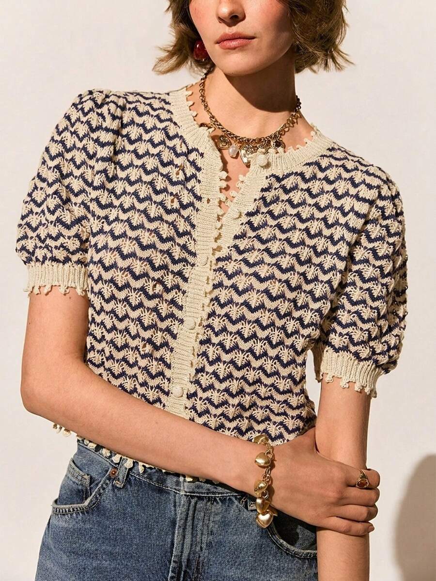 Poéselle 新款春夏法式复古条纹拼接提花镂空短袖针织女式上衣 - 藏蓝色 - 查看 1