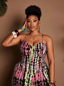 Maweii Bộ jumpsuit hai dây gợi cảm dành cho nữ cỡ lớn, chất liệu dệt in họa tiết. - Hồng - Xem 2