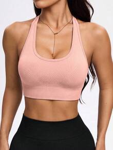 SHEIN Sports 女士纯色挂脖式休闲日常健身运动文胸 - 粉色 - 查看 2