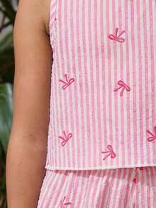 SHEIN 2pcs Young Girl Woven Solid Color Round Neck Sleeveless Top And Loose Woven Solid Color Shorts Set - Pink - View 5
