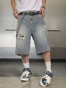 Manfinity EMRG 男士做旧斜插口袋宽松休闲牛仔短裤 - 淺色水洗藍 - 查看 7