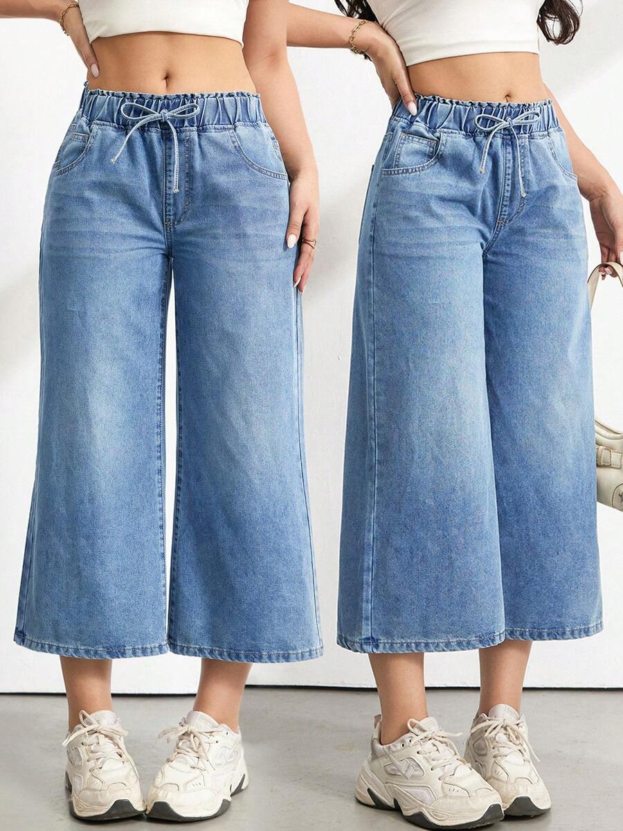 SHEIN Tall Quần jeans ống rộng dáng casual dành cho nữ, đã qua xử lý giặt. - Rửa trung bình - Xem 1