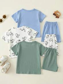 SHEIN 6pcs Setelan Bayi Laki-laki Motif Kartun Dinosaurus Kasual Longgar Lengan Pendek dan Celana Pendek, Cocok untuk Musim Panas - MultiWarna - View 3