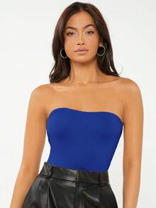 SHEIN BASICS 女士休闲度假通勤纯色修身抹胸上衣 - 寶藍色 - 查看 5