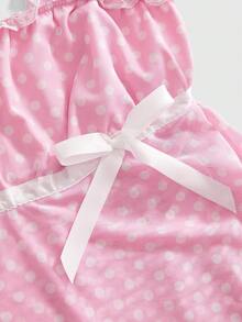 ROMWE Avant Women's Retro French Romantic Vacation Style Polka Dot Contrast Color Print Smock T-Shirt With Ribbon Decor - Pink - View 4
