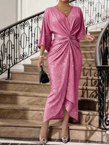 SHEIN Lady Plus Size Solid Color V-Neck Ruched Twist Elegant Dress - Hot Pink - View 7