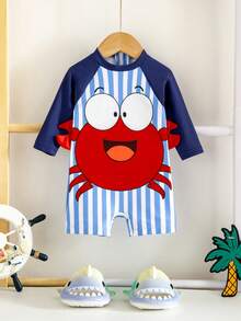 Traje de baño de una pieza con mangas largas para bebé recién nacido, con diseño de cangrejo y rayas azules en contraste de color, adecuado para vacaciones, playa, surf, ropa de baño para niño, traje de baño de manga larga - Azul - Ver 6