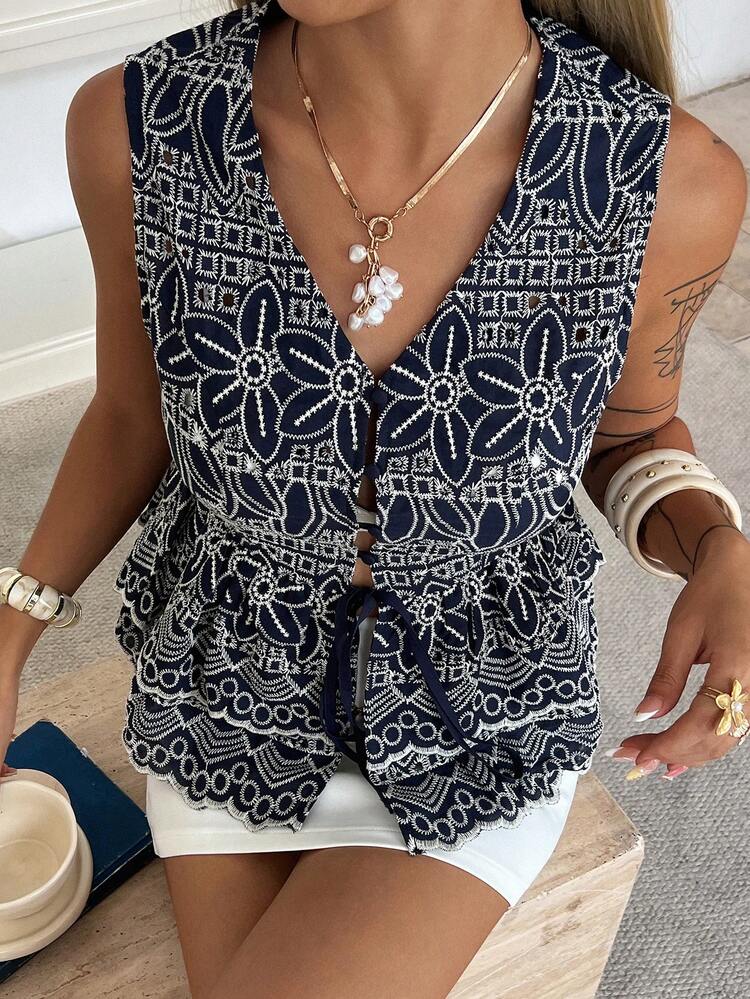 Casual Vacation Style Floral Embroidered Women Blouse, Suitable For Spring And Summer