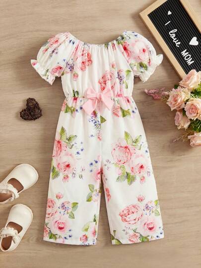 SHEIN Bộ áo liền quần ống rộng tay ngắn họa tiết hoa, nơ, kiểu dáng thường ngày ngọt ngào, thích hợp cho bé gái đi nghỉ mát, mùa xuân/hè.